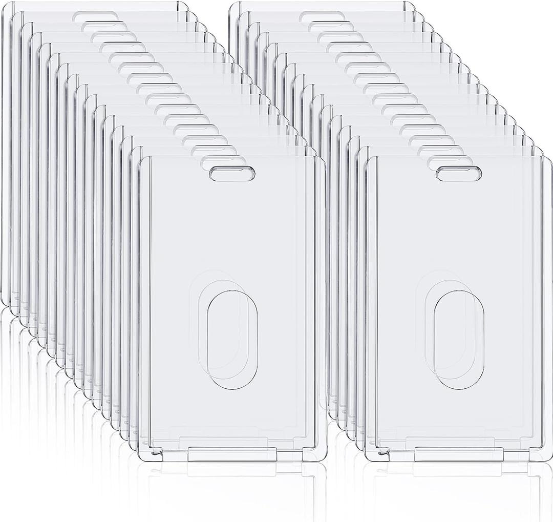 Chinco 30 Pcs Hard Plastic Badge Holder Vertical Clear ID Badge Holders Acrylic Heavy Duty Waterproof Plastic ID Card Holder Transparent Heavy Duty Protector Case for Office School Hospital Lanyard