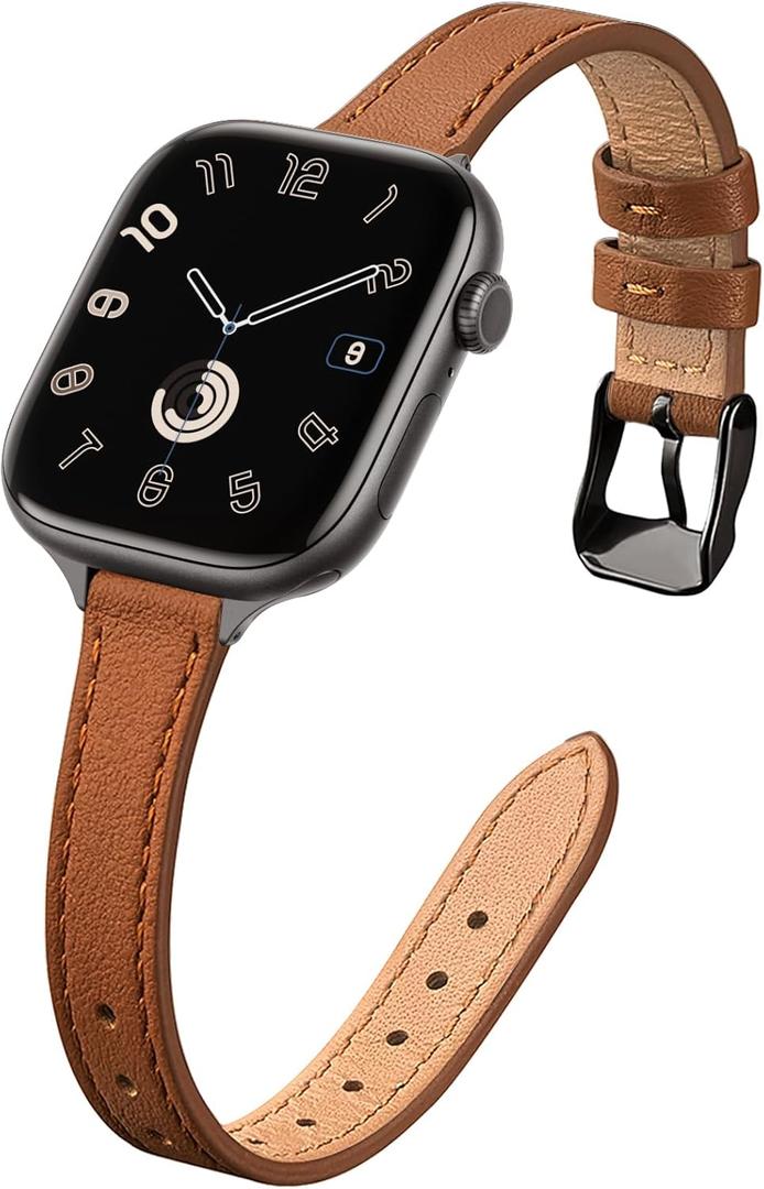 STIROLL Slim Leather Bands Compatible with Apple Watch Band 38mm 40mm 41mm 42mm(Series 11 10), Top Grain Leather Watch Thin Wristband for iWatch SE 9 8 7 6 5 4 3 2 1 (Brown Black)