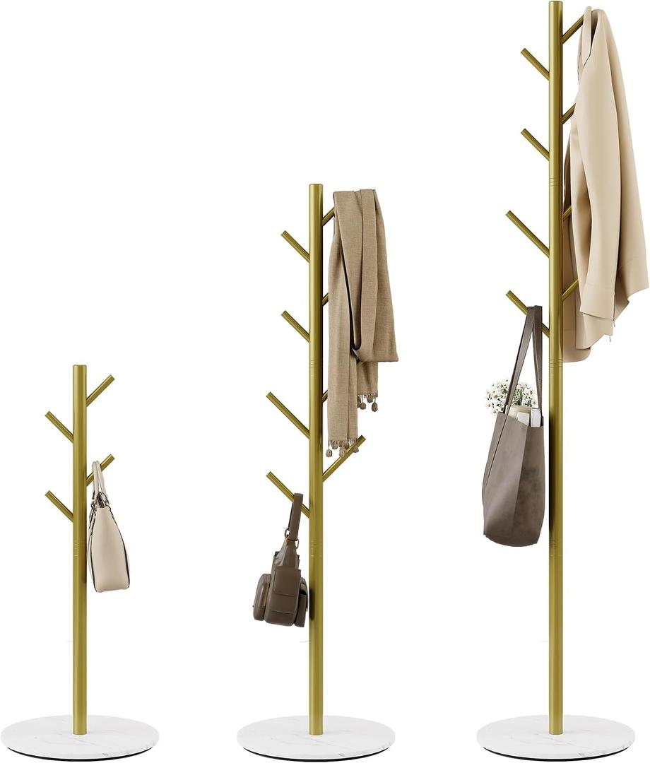 Coat Rack with 8 Hooks, 3 Adjustable Heights, Modern Hall Tree, Sturdy Metal Clothes Stand with Sintered Stone Base for Entryway, Office, Bedroom, for Coats, Hats, Handbags and Scarves, Gold