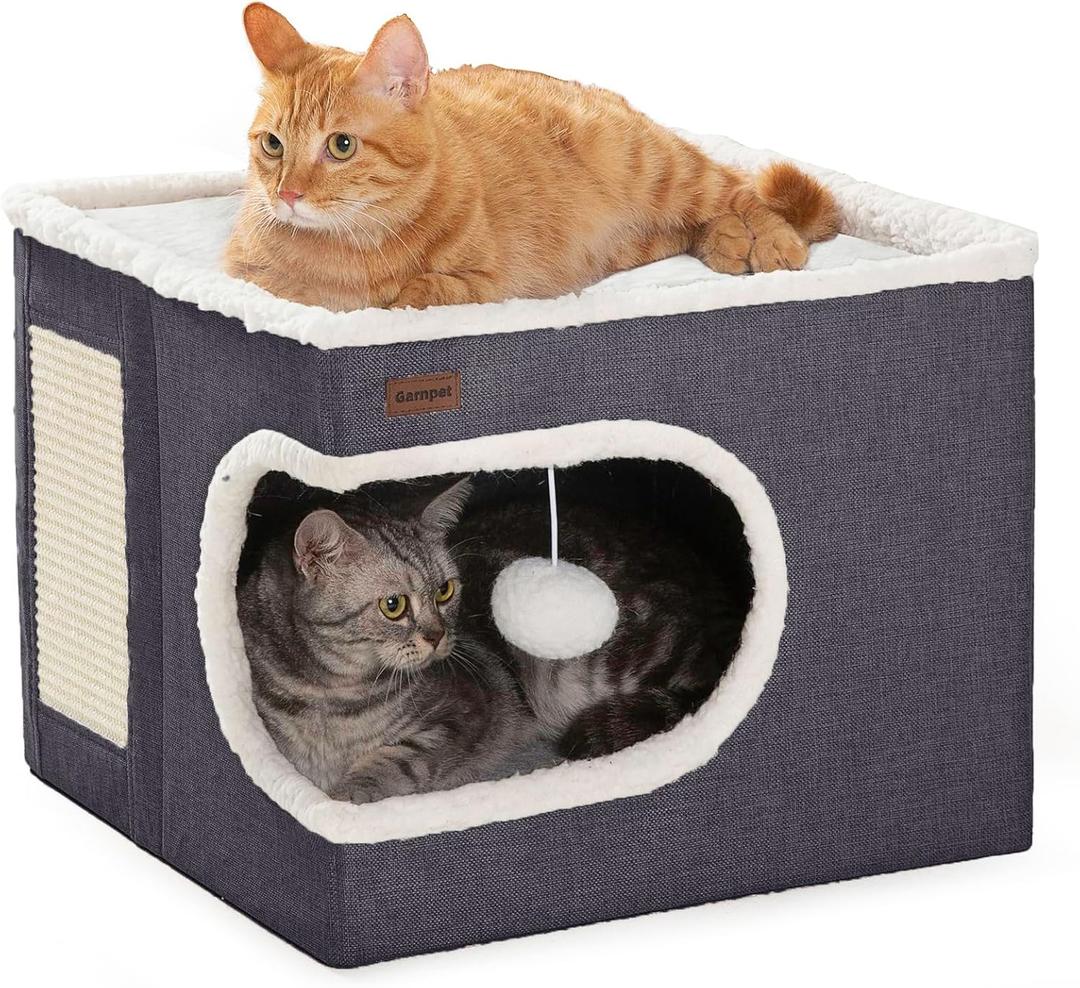 Cat Bed for Indoor Cats Cube House, Covered Cat Cave Beds & Furniture with Scratch Pad and Hideaway Tent, Cute Modern Cat Condo for Multi Small Pet Large Kitten Kitty, Dark Grey (16.5"D x 16.5"W x 13"H)