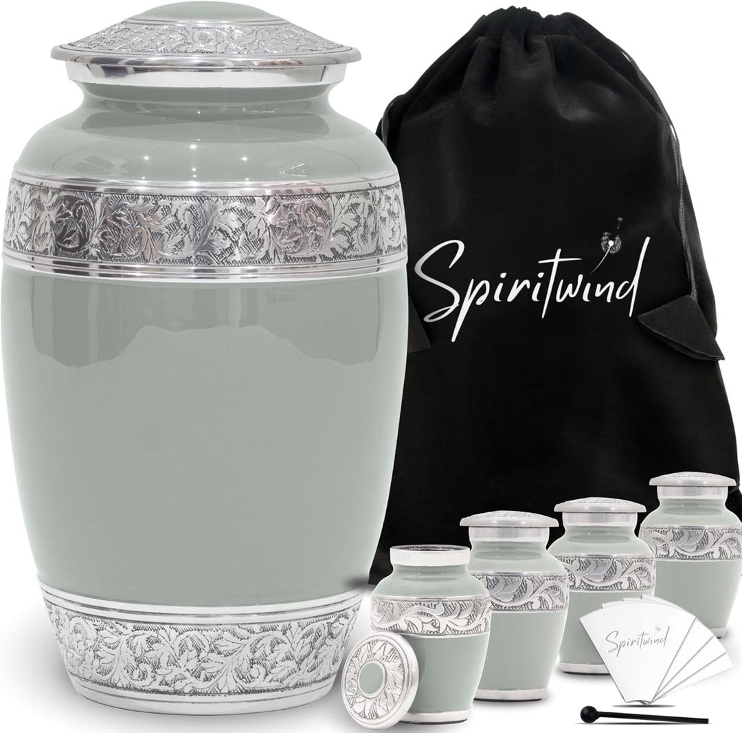 Set of 5 Stunning Cremation Urns for Human Ashes Adult Female or Male - Hand Engraved Cremation Urn Set of 5 with 1 Large Urn for Ashes with 4 Matching Mini Urns, Funnels & Bags (Olive Rest Color)