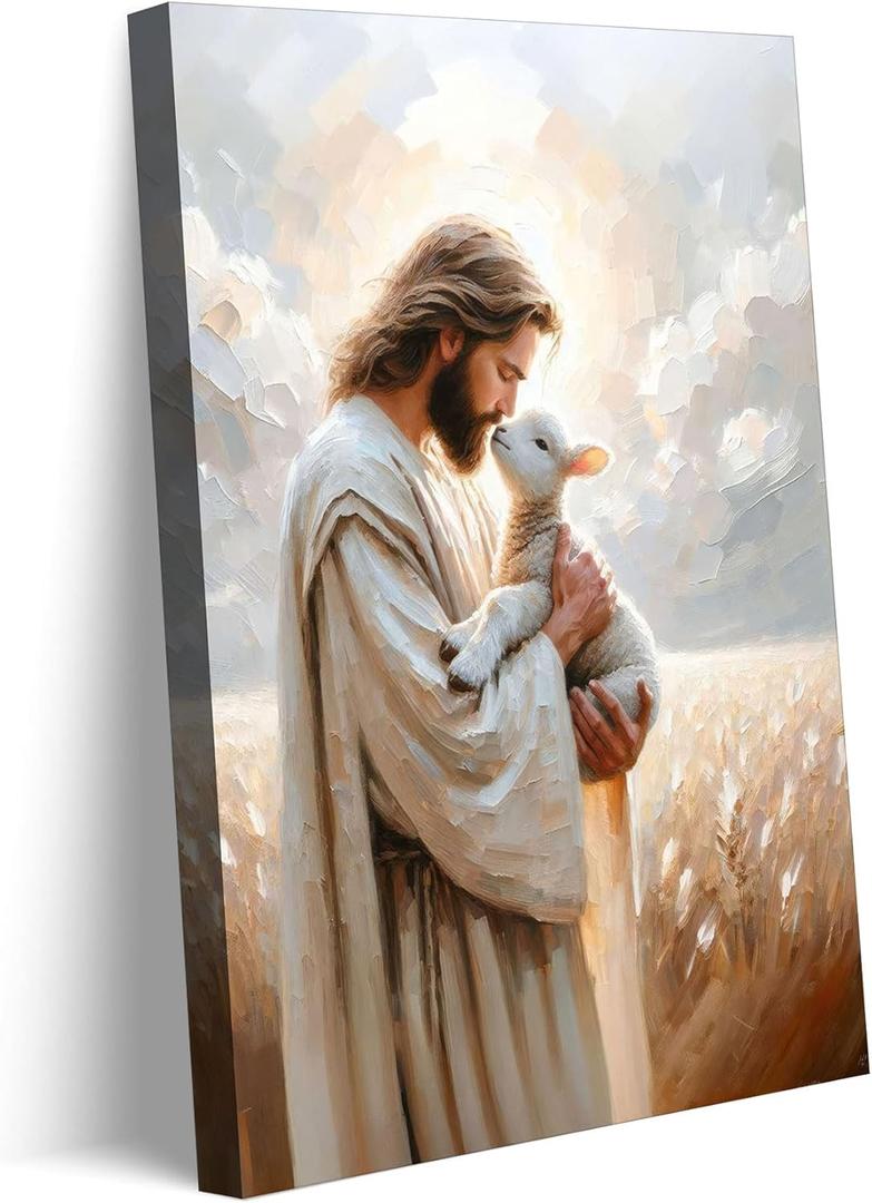Jesus Holding sheep Canvas Wall Art Jesus Christ The Good Shepherd Wall Decor Picture Religious Christian Poster Print for Church Living Room Bedroom Home Decoration 12x16in Prepare to hang