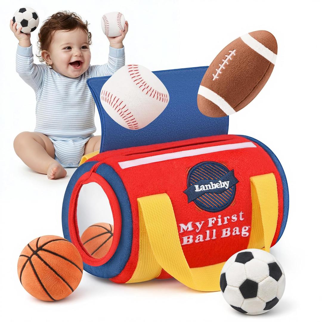 Baby Boy Toys 6-12 Months  My First Sports Bag Musical Infant Toys with 4 Sensory Balls  Basketball, Football, Baseball, Soccer  Rattle, Squeaker, Mirror for 3-6-9-12 Month Old Baby Christmas Gifts