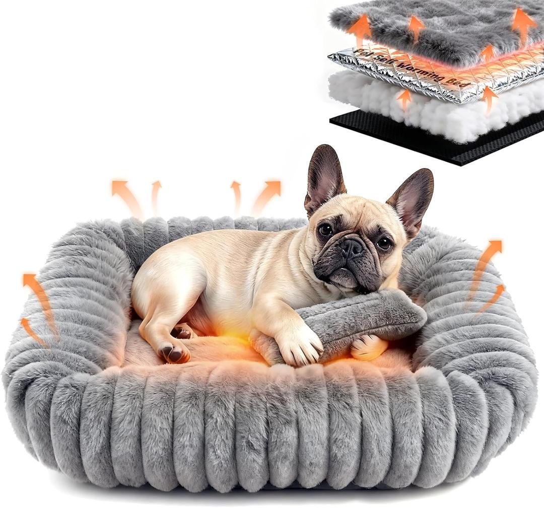 Dog Bed for Small Medium Size Dog, Washable Self Warming Dog Cat Beds for Indoor Cats Fluffy Rabbit Fur Pet Bed for Puppy and Kitten, Orthopedic Dog Cat Beds with Removable Cover & Anti-Slip Bottom (Grey Square)