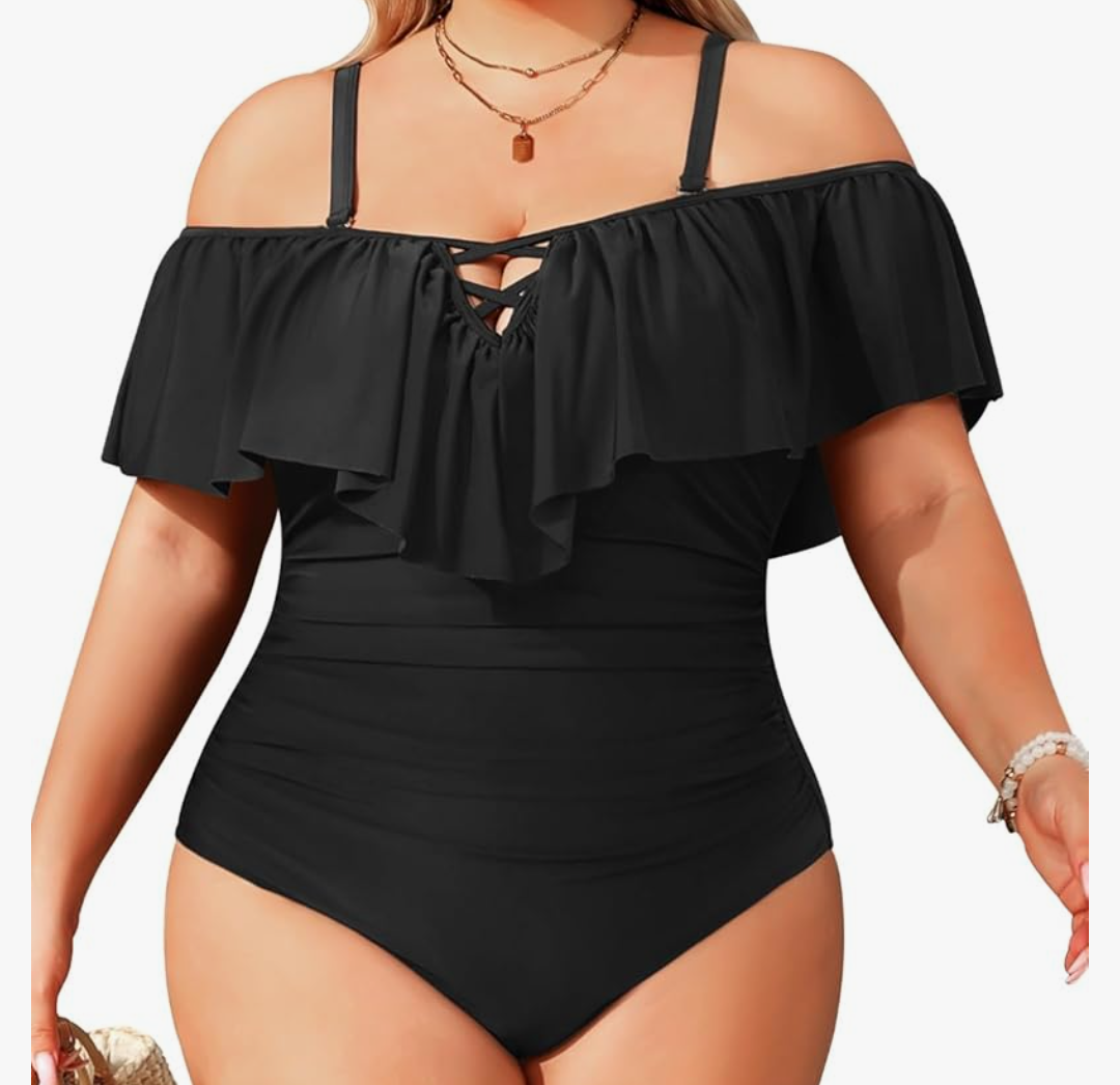 Daci Women Plus Size One Piece Swimsuits Tummy Control Ruffle Off Shoulder Bathing Suits Black XL