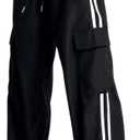 Verdusa Women's Cargo Pants Baggy Straight Wide Leg Track Pants Striped Joggers with Pockets Athletic Streetwear (Black)