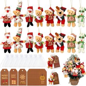Lenwen 16 Set 5.1 Inch Christmas Mini Plush Bear Gift Stuffed Animal Plush Toy Small Bear Doll Christmas Tree Decorations Stockings with Xmas Gift Tags for Winter Party Favor, 8 Style(Fancy)