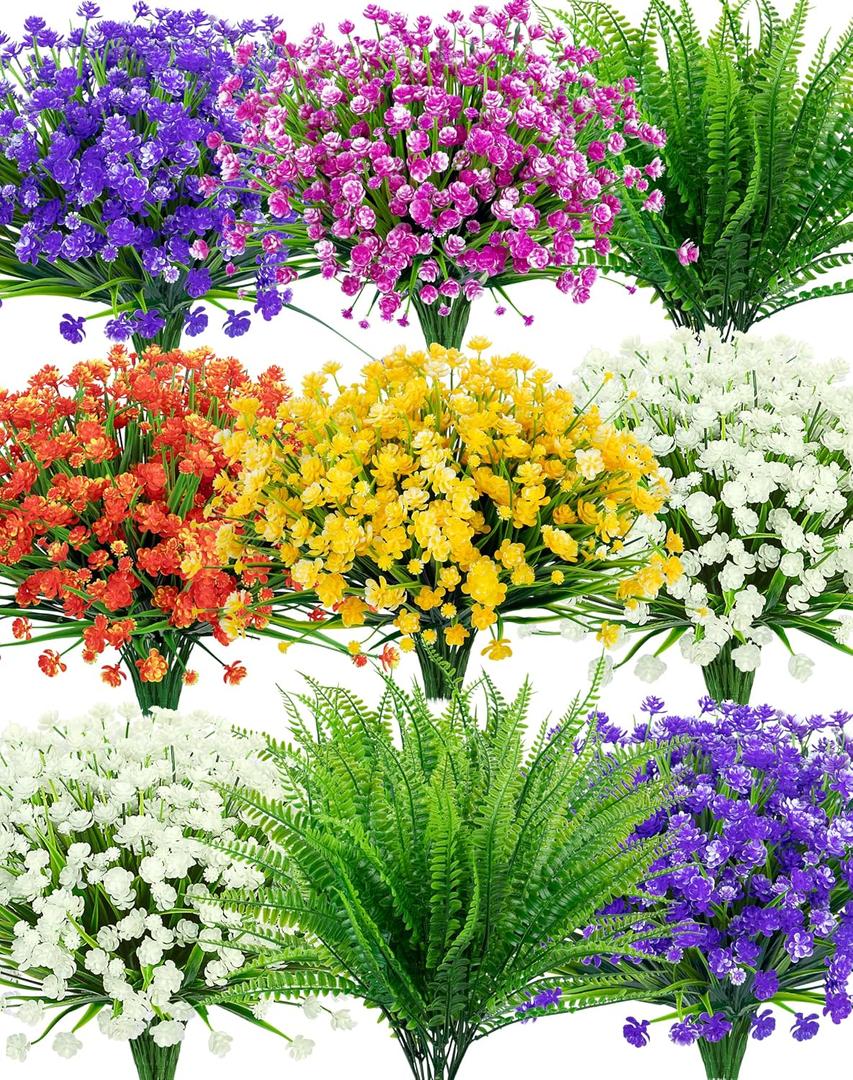 24 Bundles Artificial Flowers for Outdoors UV Resistant Fake Plastic Plants Faux Boston Fern Greenery Stems for Spring Summer Indoor Garden Patio Window Box Kitchen Home Decor, Mixedcolor