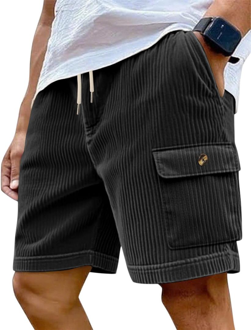 Mens Cargo Shorts Casual Drawstring Elastic Waist Corduroy Summer Beach Shorts with Pockets (Black, S)