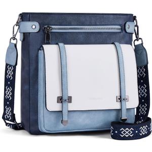 Roulens Crossbody Bags for Women,Multi Pocket Crossbody Purses Vegan Leather Shoulder Handbags Travel Purse Adjustable Strap (Blue/White)