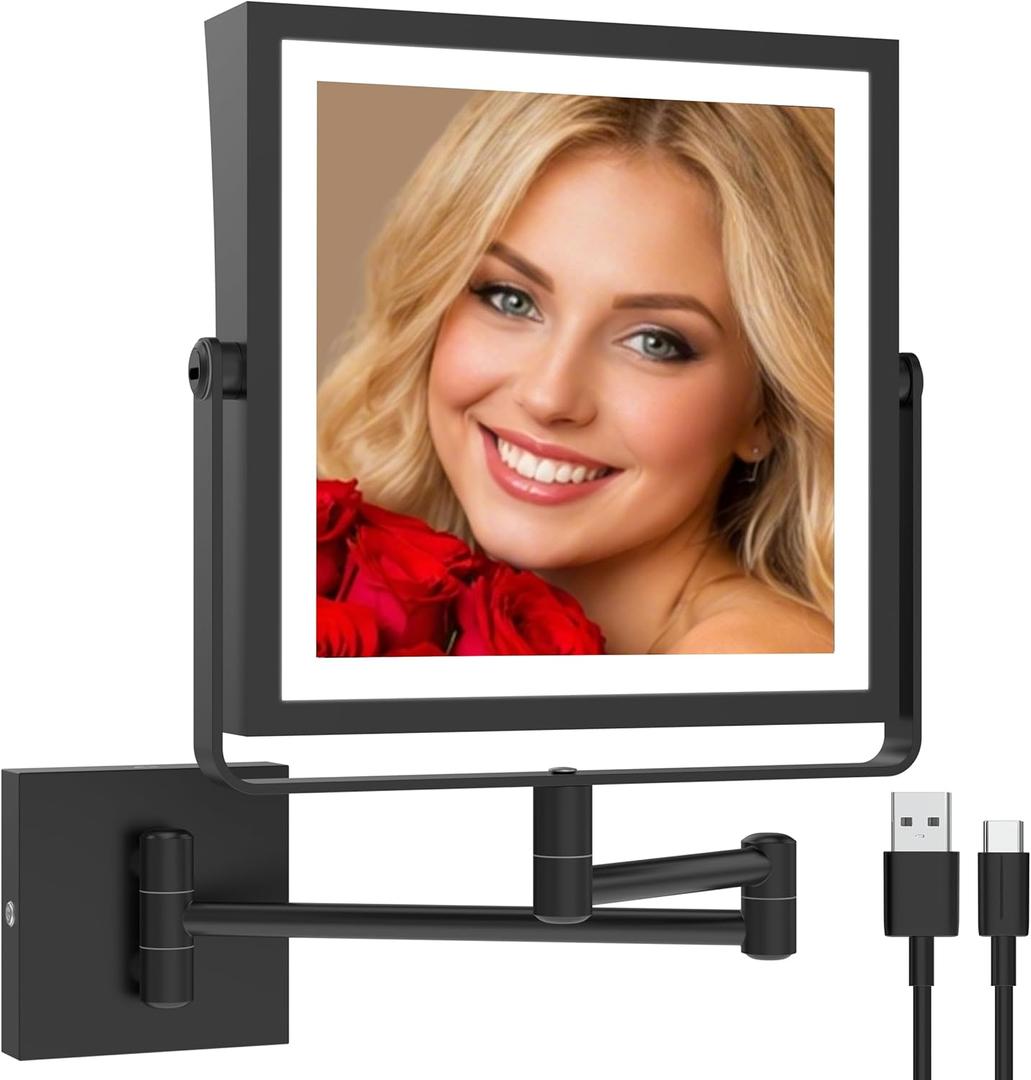 Ruacq Rechargeable Wall Mounted Makeup Mirror with Lights, Double Sided 1X/10X Magnifying Vanity Mirror with 3 Color Lighting, Touch Screen Dimmable, 360 Rotation Extension Foldable Arm(Matte Black)