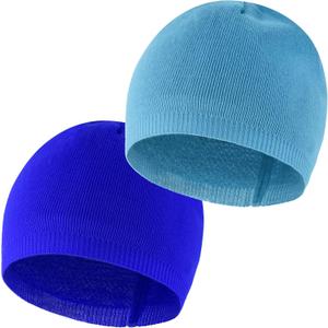 Headshion Thin Skull Cap Beanie for Men Women, 2 Pack Knit Cuffless Beanie Plain Toboggan Hat (One Size, Blue & Sky Blue)