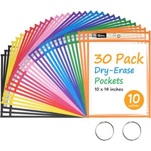 GNL Dry Erase Pocket Sleeves 30 Packs, Reusable Clear Plastic Ticket Holders with Rings, Durable & Easy-to-Erase Sheet Protectors, Assorted Colors 10x14 Inch for Classroom & School Teacher Supplies
