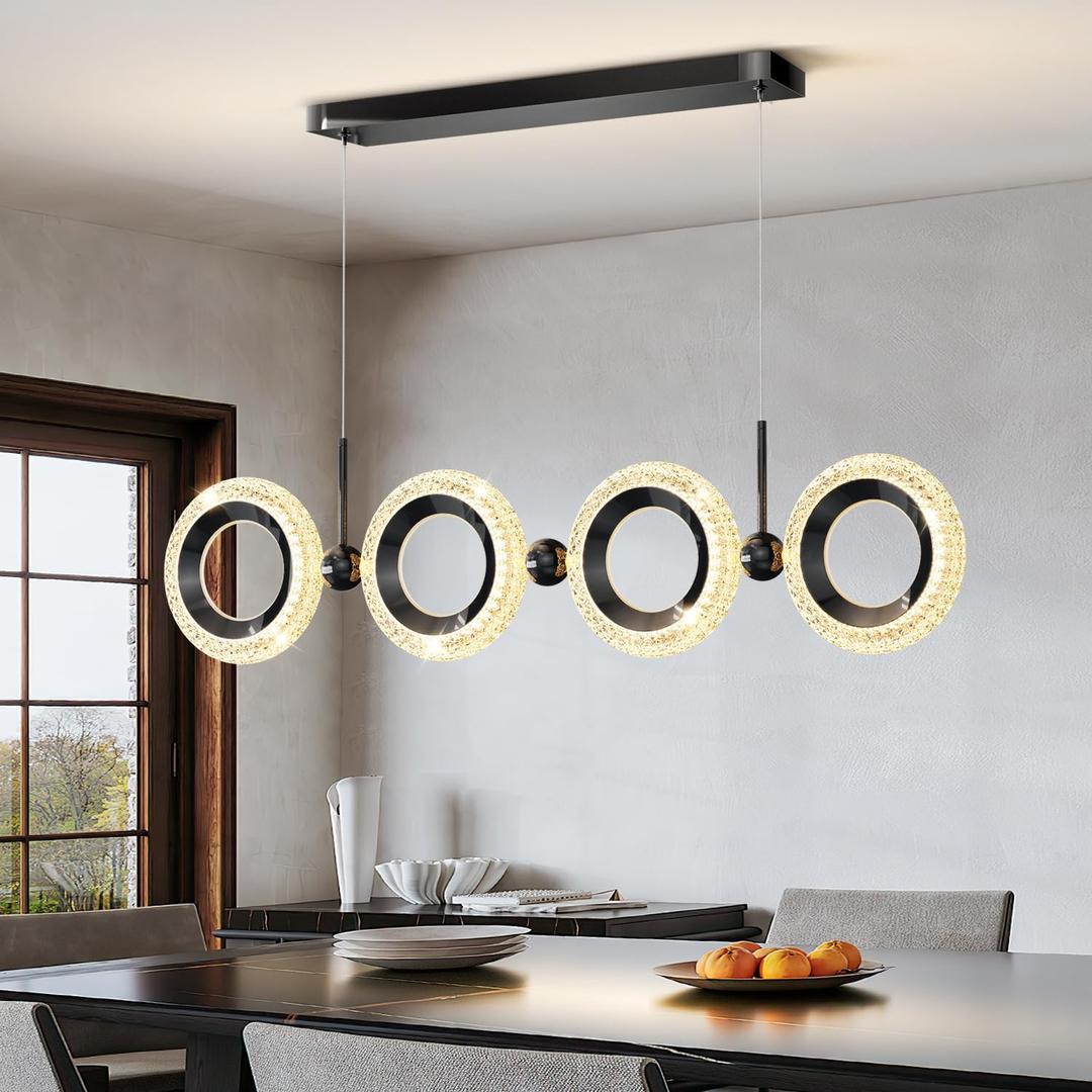 Dimmable Modern LED Chandelier with Remote Control, 3000K-6500K Acrylic Dining Room Light Fixtures Over Table, Gold Linear Pendant Light for Kitchen Island (Black)