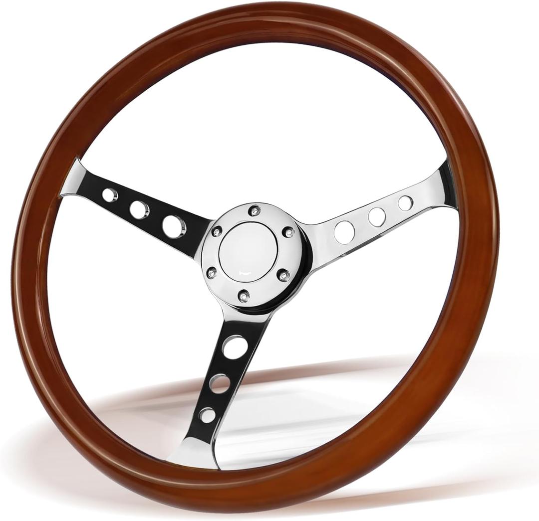 Universal 380MM Wood Racing/Golf Steering Wheel, 6 Bolts Grip Steering Wheel For Club Car EZGO RXV & TXT, Yamaha, Precedent Tempo, DS, for Race/Rally/Motorsport/Car(Plating - Round Hole)