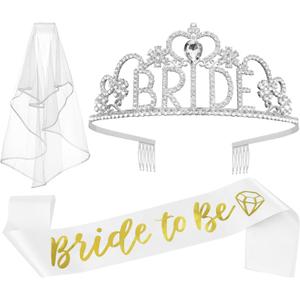 JETKONG 3 Pcs Bachelorette Party Decorations BRIDE Crown, Bride to Be Sash&Veil for Women Bachelorette Party Gifts, Bridal Shower Supplies, Gifts, Favors (Silver)