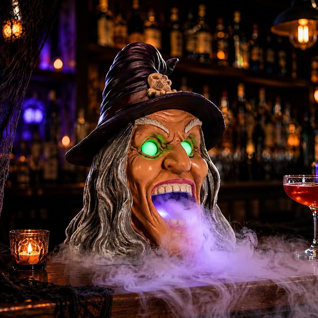 Halloween Witch Mist Maker with Glowing Eyes and Fog Effect