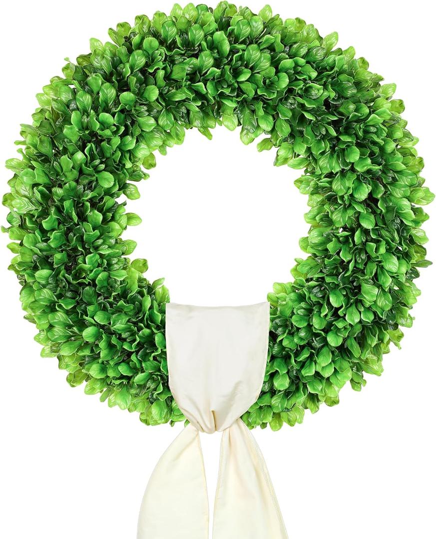 DDHS 24 Inch Large Boxwood Wreath for Front Door, Round Artificial Spring Summer Greenery Wreath with Hello Sign & Sash, Green Wreaths for Farmhouse Wedding Year Round Indoor Outdoor Home Decor