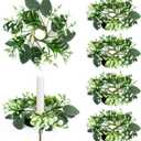 6 PCS Eucalyptus Taper Candle Rings Wreaths 1.38" Mini Spring Summer Floral Taper Candle Holder Wreaths Artificial Greenery Leaves Table Centerpieces Wreath for Farmhouse Home Candlesticks Decor