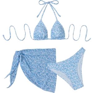 SHENHE Women's 3 Piece Textured High Cut Halter Triangle Bikini Swimsuit with Cover Up (Floral Light Blue) S