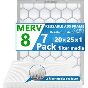 20x25x1 MERV 8 Air Filter,AC Furnace Air Filter,Reusable ABS Plastic Frame, 7 Pack Replaceable Filter Media (Actual Size: 19 3/4" x 24 3/4" x 3/4")