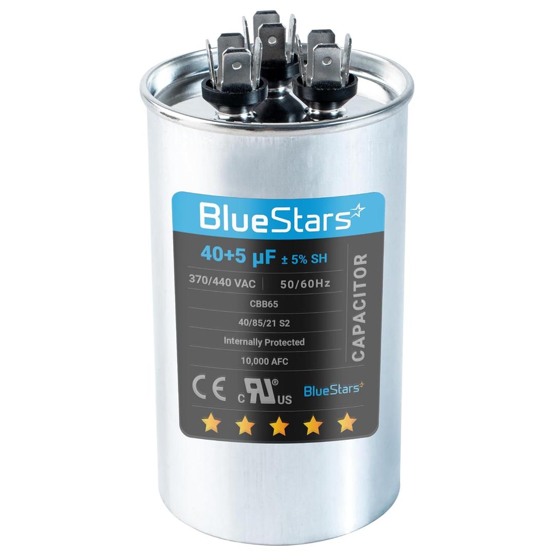 [2025 Upgraded] BlueStars 40+5 uF 40/5 MFD 370V or 440 Volt VAC Round Dual Run Capacitor Dual Run Circular Start Capacitor - Compatible for Air Conditioner or Heat Pump Condenser