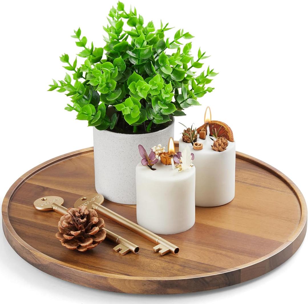 12 Inch Acacia Wood Round Tray, Wooden Decorative Serving Coffee Table Tray Centerpiece Candle Holder for Farmhouse Kitchen Dining Room Home Decor Coffee Table Decor and Accessories