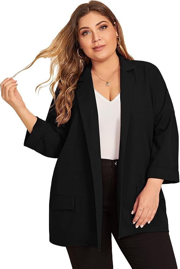 Women's Plus Size Long Sleeve Blazer Casual Open Front Cardigan Jacket Black 3XL