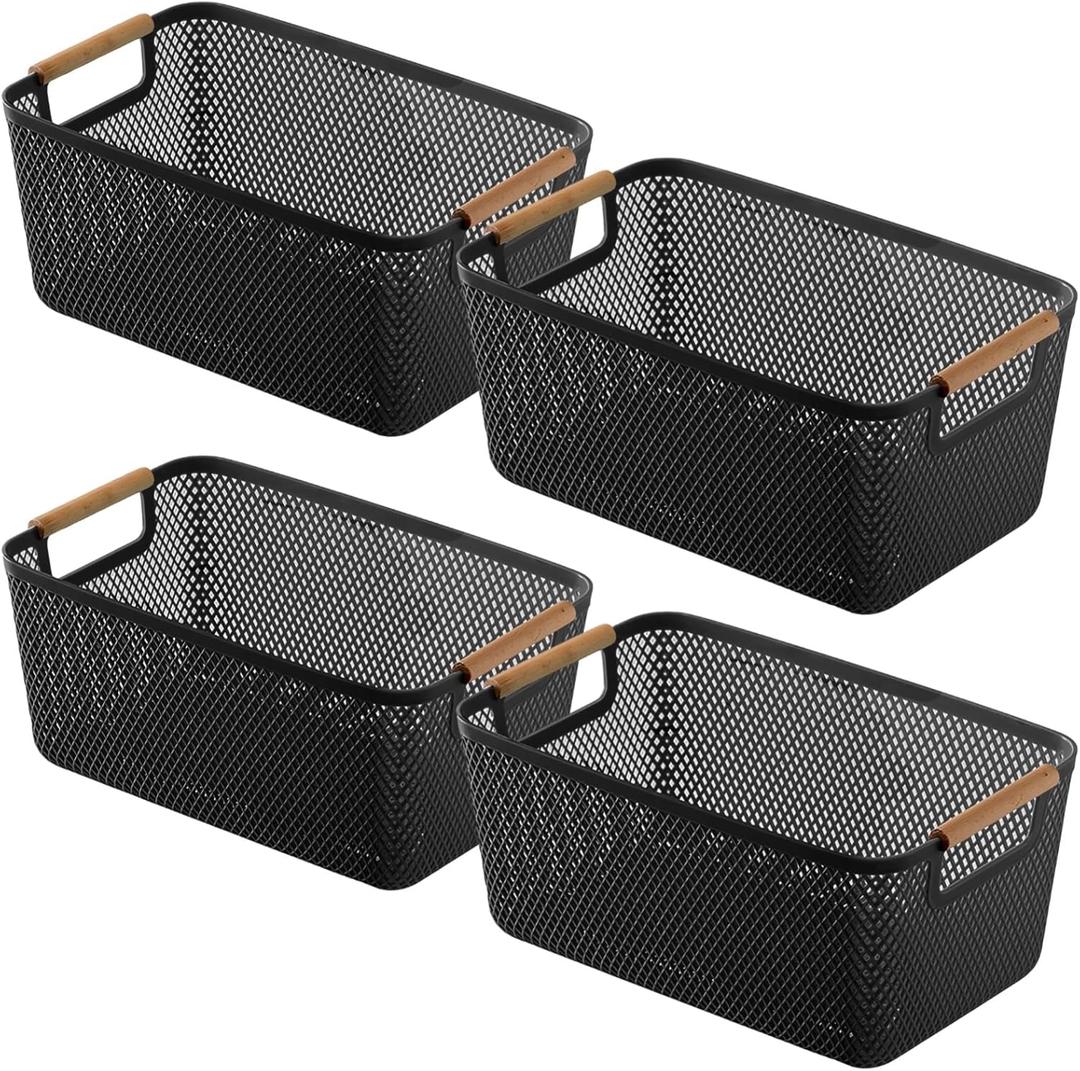4 Pcs Stackable Wire Baskets, Plastic Storage Baskets with Wooden Handles, Black Storage Bins, Desktop Organizers for Organizing Pantry, Home & Kitchen