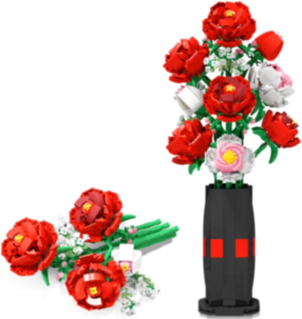 Roses Flowers Bouquet Building Kit: 880 Pcs Artificial Flower Toy with Vase Christmas Valentine Mother's Day Anniversary Birthday Gift Ideal for Women Her Adult Teen