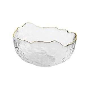 SYXLTSH Glass Salad Bowl Irregular Lotus Flower Shape Serving Bowls, Mixing Nut Bowls for Kitchen Fruist, Snack, Dessert, and Ice Cream Candy Dishes (Crystal Clear with Gold Rim, Small)