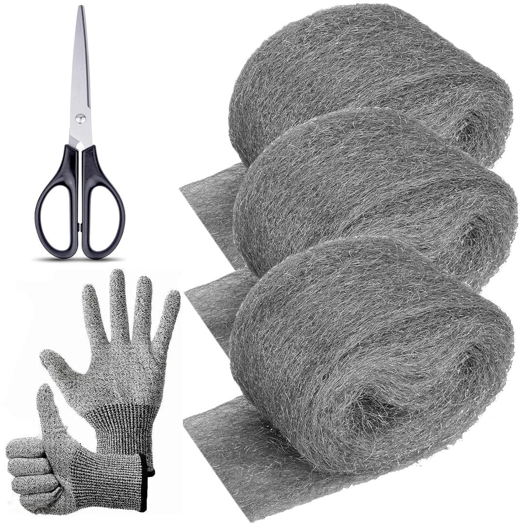 3 Pack Steel Wool Mice Control 3.2" x10.5Ft Hole Filler, for Home & Garage, DIY Bundle with Gloves & Scissors