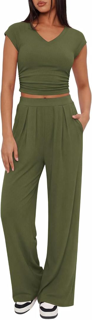 BTFBM Womens 2 Piece Outfits Spring 2026 V Neck Cap Sleeve Ruched Top Wide Leg Pants Sets Rib Knit Lounge Matching Set (Green, XXL)