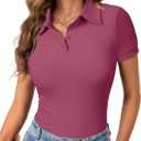 LYANER Womens Polo Shirts Short Sleeve Business Casual V Neck Collared Button Fitted Tops (Pink, L)