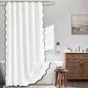 MIULEE 84" Long Scalloped Shower Curtain Linen Textured with 12 Metal Hooks Cute Extra Long Heavy Duty Washable Waterproof Cloth Shower Curtains with Black Border for Bathroom Hotel Bathtub,White