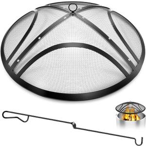 Fire Pit Spark Screen, 27 Inch Outdoor Fire Pit Screen with Handle & Poker, Heavy-Duty Steel Fire Pit Cover Round Mesh Replacement Firepit Screen for Backyard/Beach/RV Camping