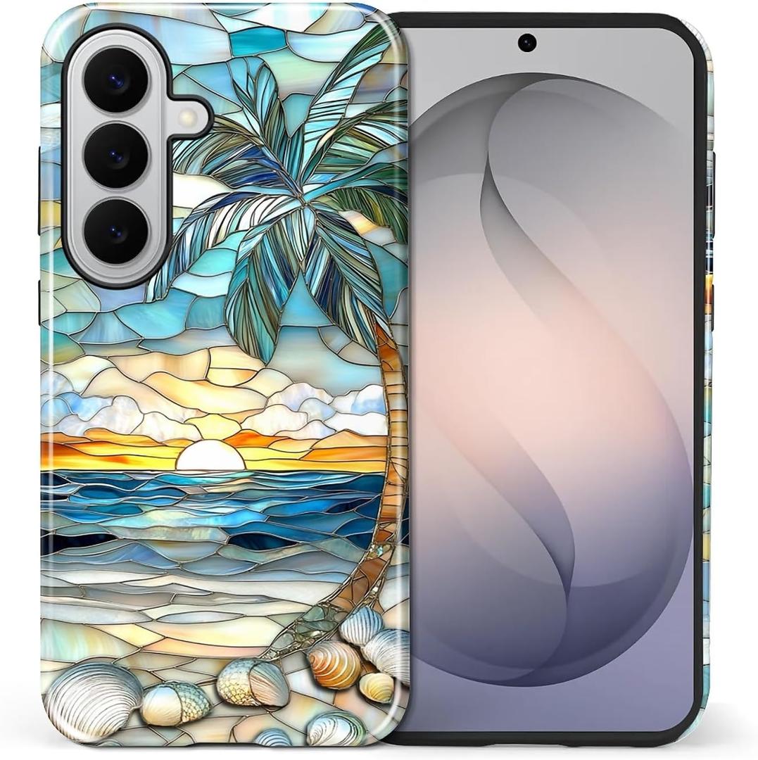 for Samsung Galaxy S26+ Case for Women Girl Men Boy, Shockproof Soft Silicone & Hard PC Shell Protective Case for Samsung Galaxy S26+ - Beach Palm Tree Shell Coastal