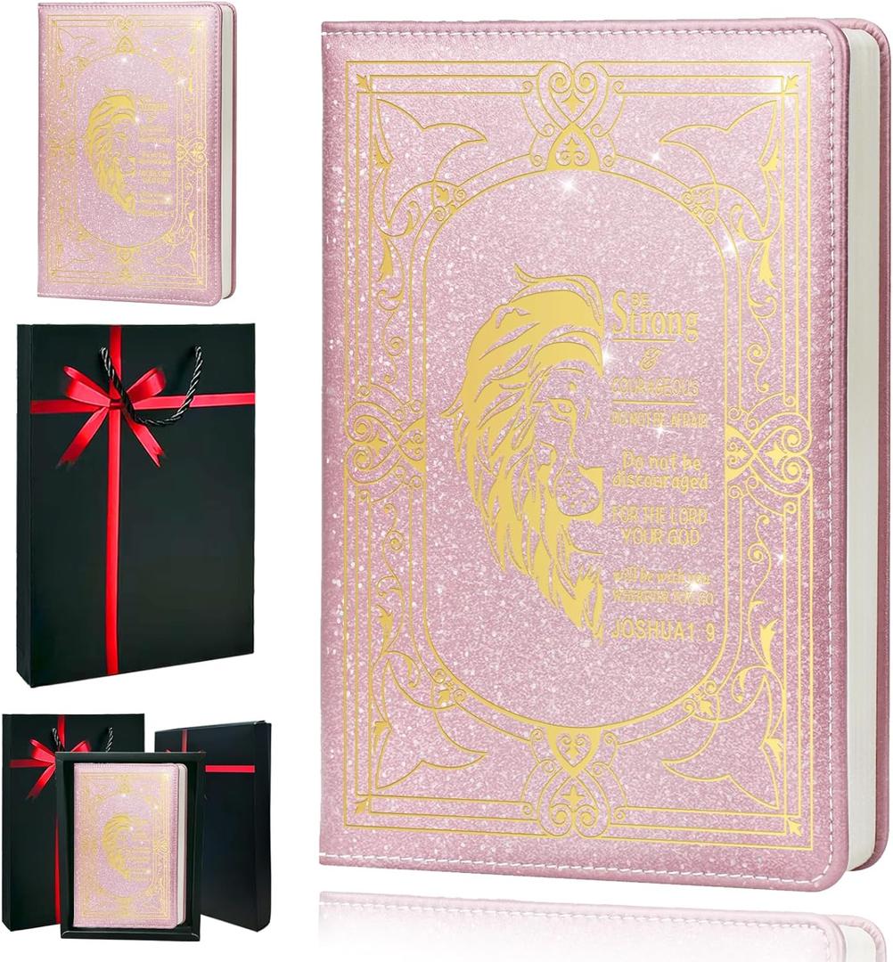 Christian Gifts,A5 Hardcover Leather Journal for Women - 200 Pages Premium Paper Notebook,Lion Journal with 180 Lay Flat Design for Daily Diary, Prayer & Planning (Lion Pink)