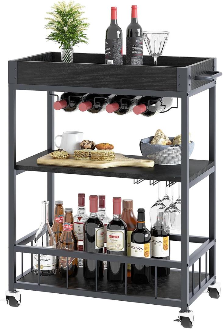 Bar Cart Serving Wine 3 Tier Home Rolling Rack with Wheels Mobile Kitchen Industrial Vintage Style Wood Metal Serving Trolley Serving Cart, Drink Cart for Living Room Kitchen (Black)