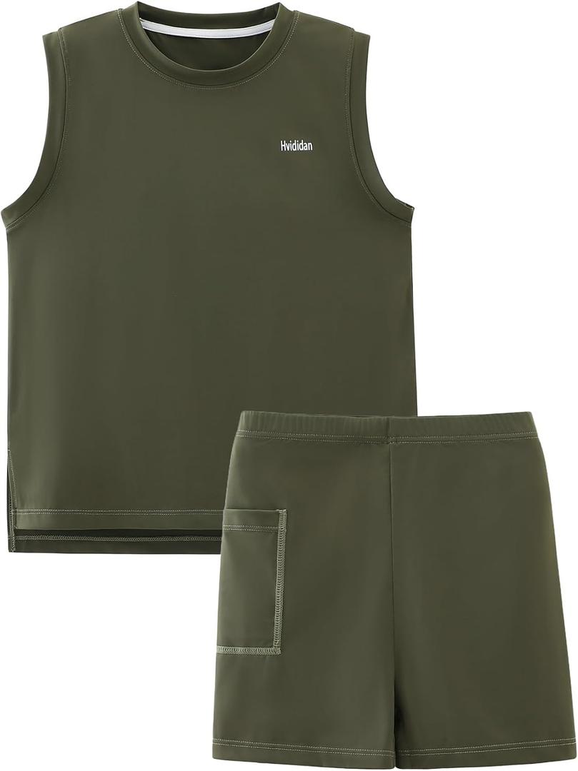 Girls Activewear Set, Tank & Shorts with Pockets, Army Green 13-14 Years