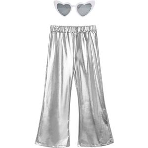 Perfashion Girls' Shiny Metallic Flared Pants Festival Dance Pants Disco with Sunglasses Wide Leg Trousers 6-15 Years (8-9 Years)