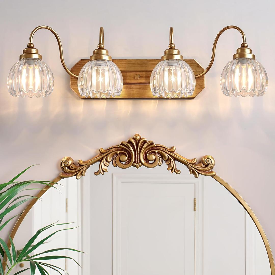 Gold Vanity Light, Vintage Bathroom Light Fixtures, 4-Light Matte Antique Brass Finish with Crystal Glass Shade, Mid Century Style Wall Sconces for Bedroom, Living Room