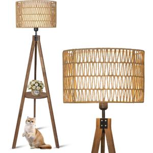 Boho Tripod Floor Lamps for Living Room, Rattan Wood Floor Lamp with Fabric Shades, Mid Century Standing Lamp with Shelf, Foot Switch, Modern Farmhouse Tall Lamps for Bedroom Office Brown