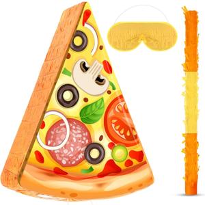 Pizza Piata - Pizza Decorations for Kids Food Themed Birthday Party Piata with Blindfold and Bat for Summer Mexican Party Supplies, 16.1 x 13 x 3.2 inches