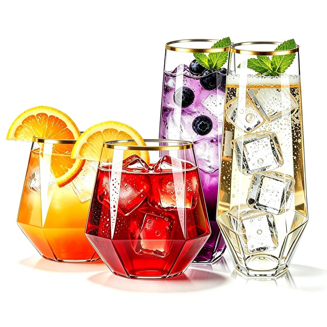 Lueumxc 56 Pack Plastic Wine Glasses Disposable Diamond Champagne Flutes, 32 Pcs 9 OZ Stemless Champagne Flutes & 24 Pcs 12 OZ Disposable Wine Glasses, BPA-Free