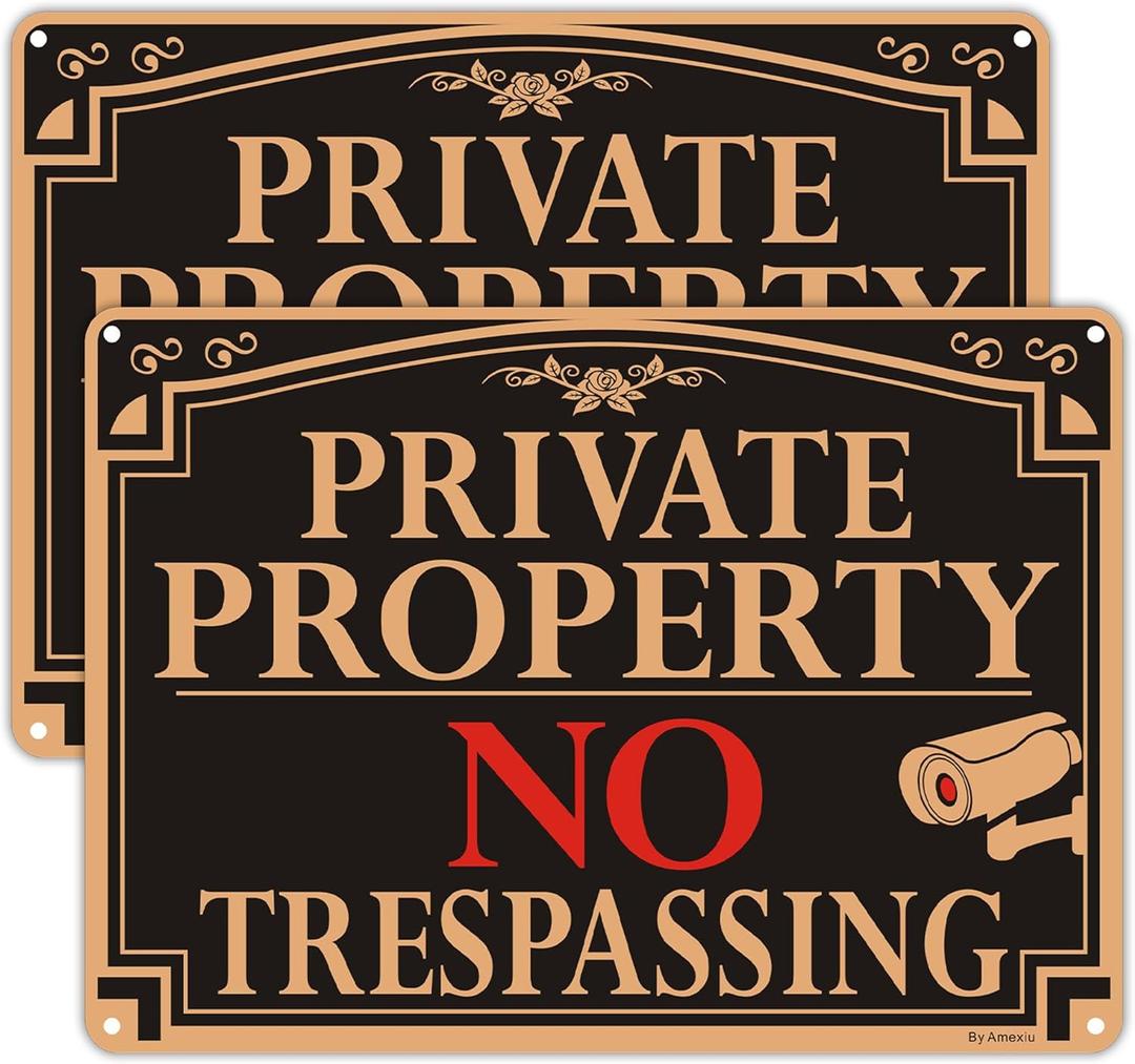 2 Pack No Trespassing Sign Private Property, 10x7 Video Surveillance Signs,Fade&Rust Resistant Aluminum Metal, Easy to Install.