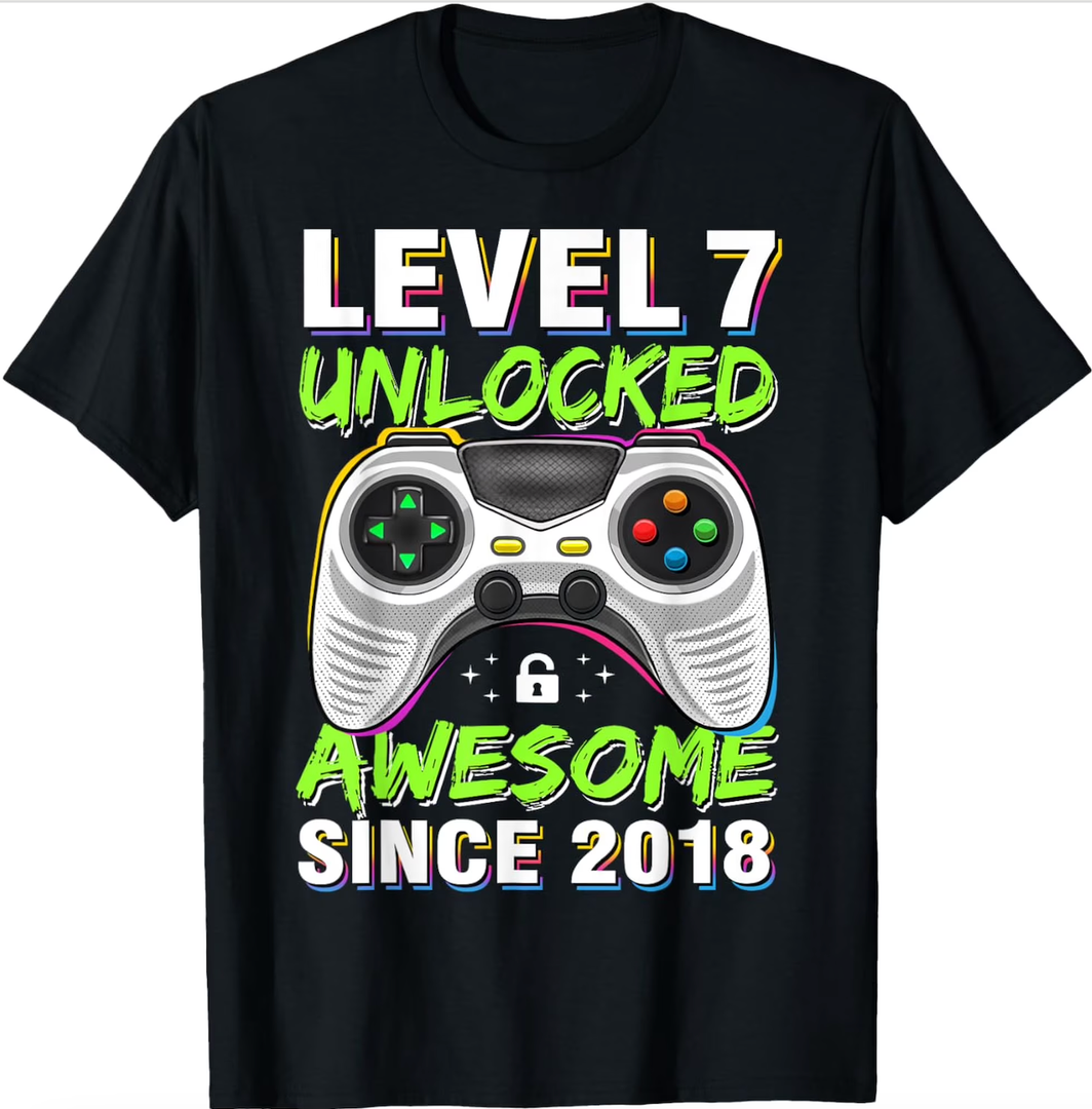 Level 7 Unlocked Awesome Since 2018 7th Birthday Gaming Boys T-Shirt, kids, Small