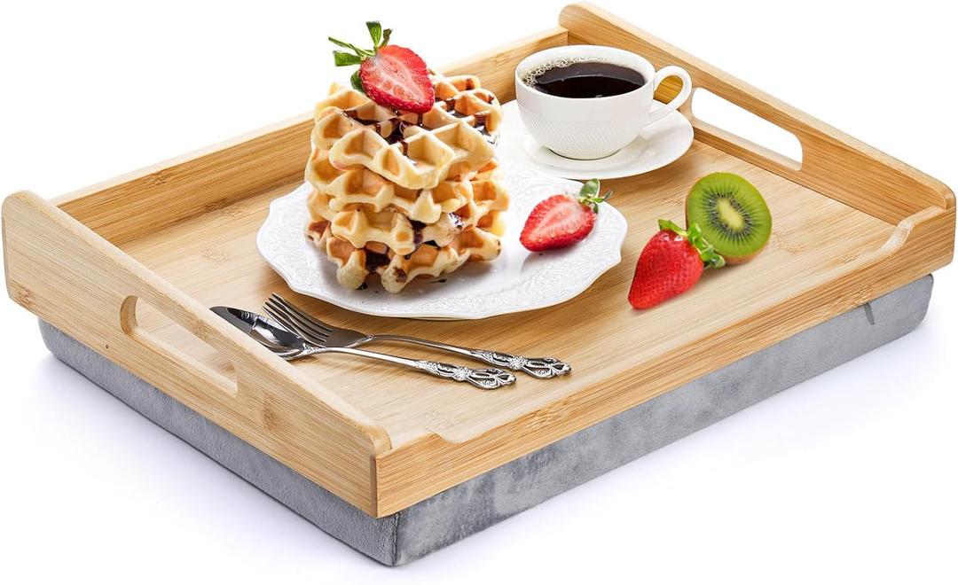 TOPZEA Bamboo Lap Tray with Detachable Cushion, 16.5"x 12.5" Bed Trays TV Lap Desk, Breakfast Meal Serving Tray with Handle for Adults Eating in Recliner, Couch, Car, Fits for 13-14 Inch Laptops