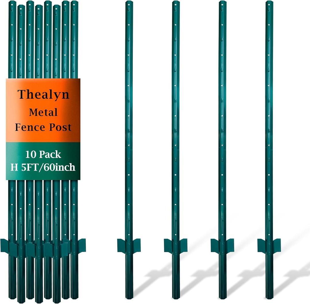 Thealyn 4.8ft Fence Posts, Pack of 10 - Sturdy Metal U-Posts & Step-in Stakes, No Digging Poles for Garden Wire Fencing and Yard Signs (Fits 4-ft Fence Mesh)