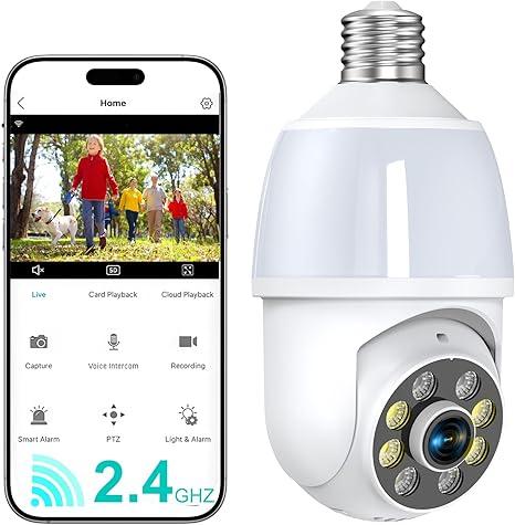52HZ 2K Light Bulb Security Camera, 2.4GHZ WiFi Lightbulb Security Cameras Wireless Outdoor Indoor, TwoWay Talk, Human Detection, Color Night Vision, Light Socket Security Camera Work with Alexa